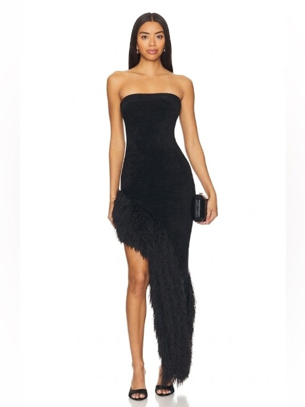 NBD Revolve Aubrey Strapless Knit Fringe Asymmetrical Dress in Black NEW w/ tags